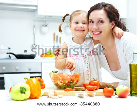Mother and daughter cooking dinner in kitchen