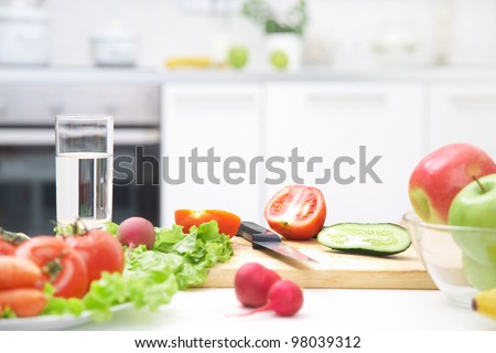 healthy foods are on the table in the kitchen
