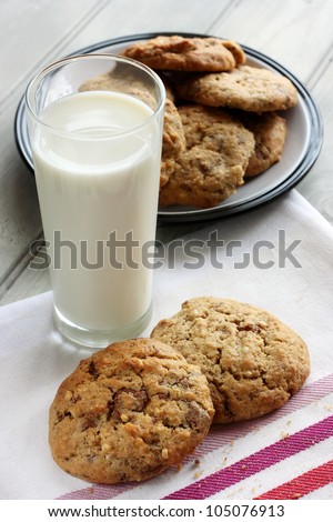 Homemade chocolate and nut cookies with a glass of milk