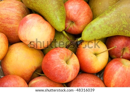 Bowl of apples and pears shot from above