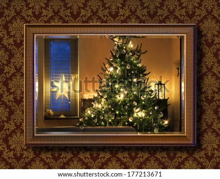 Illuminated Christmas tree seen through wall mirror