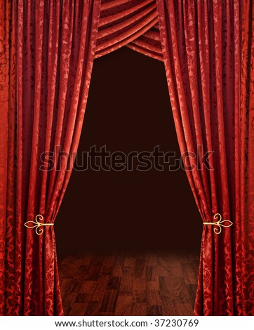 Red theater stage curtains brown wooden floor and dark background