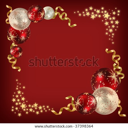 Christmas feeling background with red and ivory balls, golden ribbons and stars