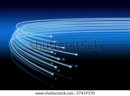 Optical fibres with lights speeding on blue black background