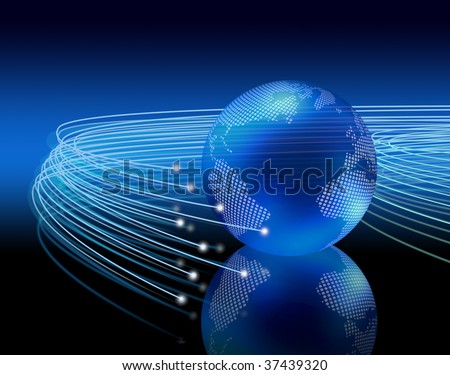 Optical fibers lights speeding on dark background around the digital earth globe