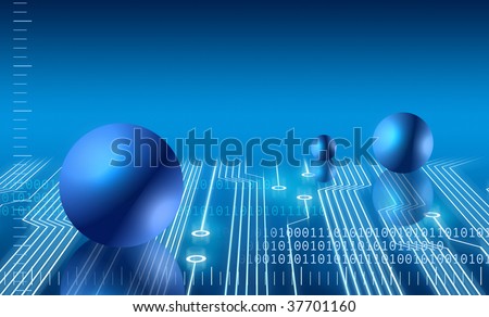 Electronic communication graphics on blue circuit board background