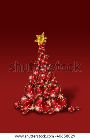 Christmas tree made of red and gold decoration balls, on dark red background