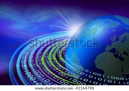 Binary data stream speeding around the digital earth globe on dawn