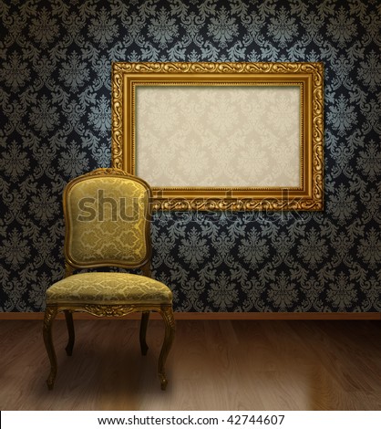 Classic antique chair and gold plated frame in room with blue damask pattern wall