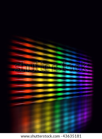 Perspective graphic equalizer display showing moving color light bars on black background