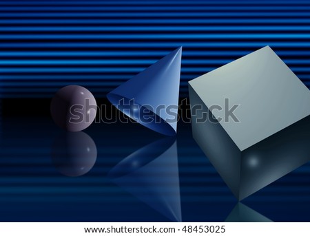 Basic geometry 3D elements sphere cone and cube on dark reflective background