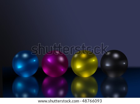 Reflective balls in four color printing process colors on dark reflective background