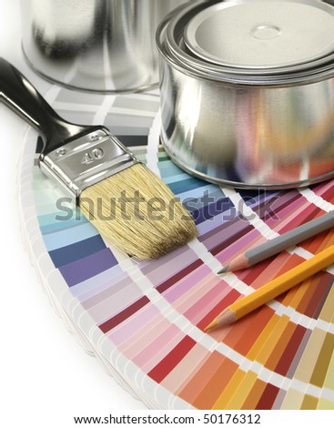 Paint color chart sample swatches, paint brush and can
