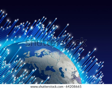 Optical fibres speeding around planet Earth globe, dark space background
