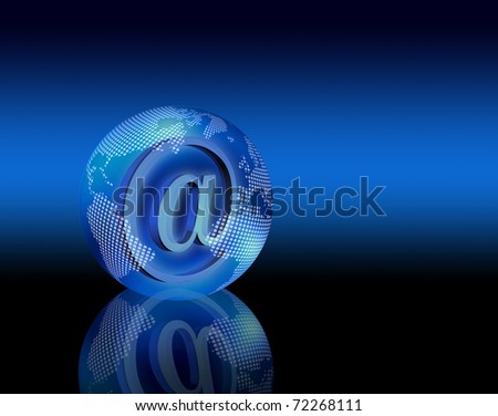 Transparent digital e-mail planet Earth globe on reflective dark blue background