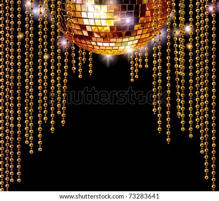 Golden disco mirror ball and glitter curtains on dark background