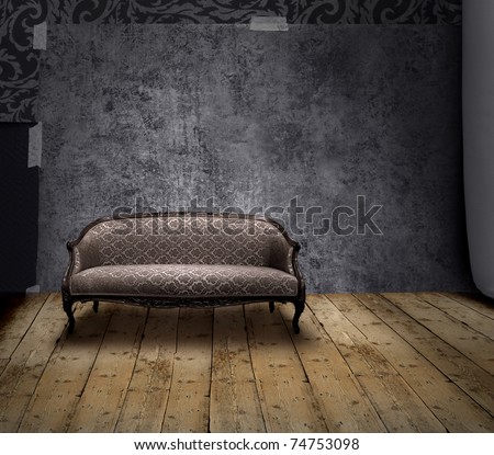 Antique sofa in rough patina wall and old wooden floor room