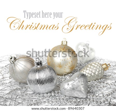 Silver and gold Christmas decoration balls on white background
