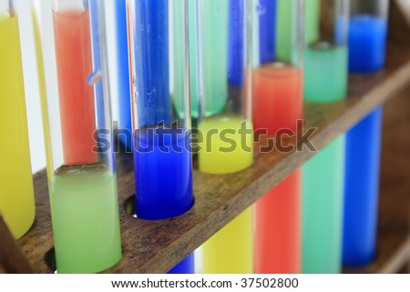 Glass test tubes filled with liquid on a rack, shallow dof