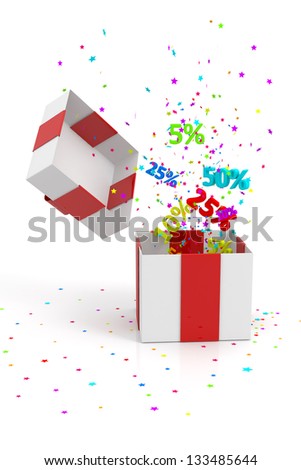 open gift box with discounts and star on white background