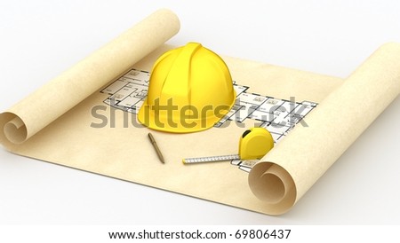 House blueprints and Yellow Hard  Hat