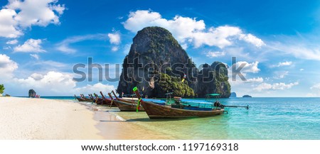 Panorama of  Traditional long tail boat on Ao Phra Nang Beach, Krabi, Thailand in a summer day