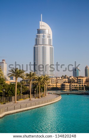 DUBAI, UAE - NOVEMBER 13: Address Hotel and Lake Burj Dubai in Dubai. The hotel is 63 stories high and feature 196 lavish rooms and 626 serviced residences, taken on 13 November 2012 in Dubai.