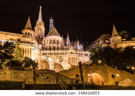 Fisherman\'s Bastion at night in Budapest Hungary