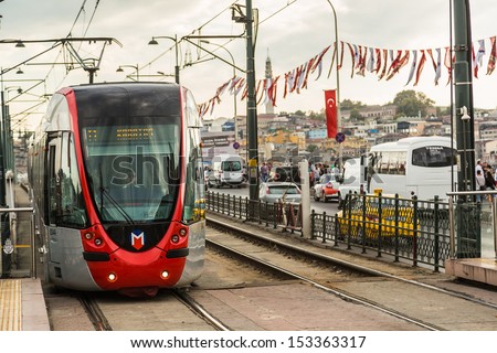 ISTANBUL - JULY 25 A modern tram on on July 25, 2013 in Istanbul. Due to increasing traffic & air pollution, Istanbul became one of most polluted city also planned for return of tram.