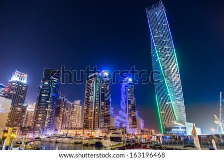 Dubai, Uae - November 13: Dubai Downtown Night Scene With City Lights, Luxury New High Tech Town In Middle East. Dubai Marina Cityscape, On November 13, 2012 In Dubai, Uae.