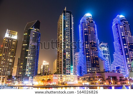 Dubai, Uae - November 13: Dubai Downtown Night Scene With City Lights, Luxury New High Tech Town In Middle East. Dubai Marina Cityscape, On November 13, 2012 In Dubai, Uae.