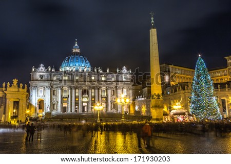 Night view on the St. Peter\'s Square and the St. Peter\'s Basilica and the obelisk from the Circus of Nero in Vatican City. Rome, Italy.