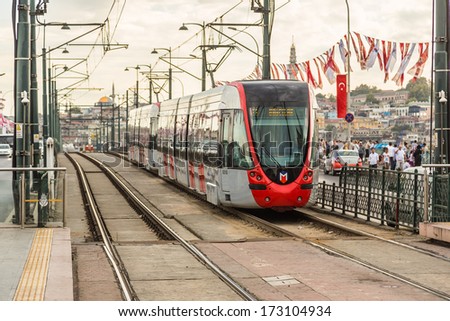 ISTANBUL - JULY 25 A modern tram on on July 25, 2013 in Istanbul. Due to increasing traffic & air pollution, Istanbul became one of most polluted city also planned for return of tram.