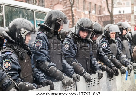 Kiev, Ukraine - 18 February: Protest Against &Quot;Dictatorship&Quot; In Ukraine Turns Violent On Euromaydan In Kiev. Internal Troops Waiting Rebel Attack On 18 February, 2014 In Kiev, Maidan, Ukraine.