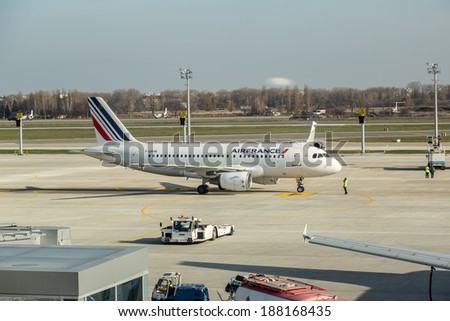 KIEV - FEBRUARY 17: Airfrance  passenger jet at ukraine airport Boryspil in Kiev on February 17, 2012 in Kiev