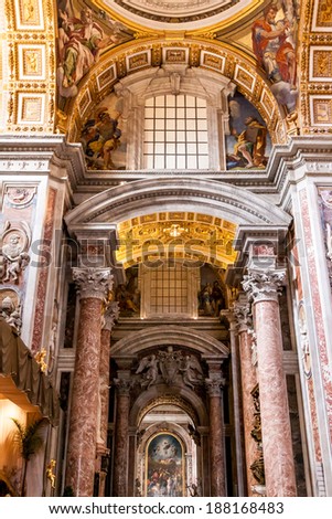 ROME - AUGUST 1: Indoor St. Peter\'s Basilica on August 1, 2012 in Rome, Italy. St. Peter\'s Basilica until recently was considered largest Christian church in world