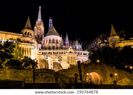 Fisherman\'s Bastion at night in Budapest Hungary