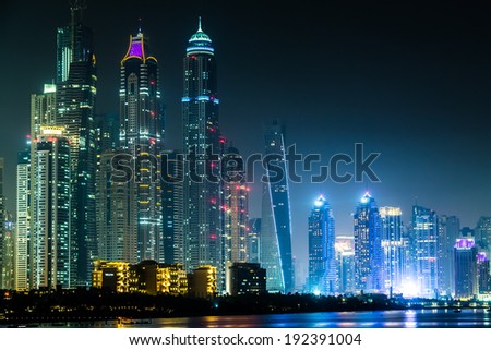DUBAI, UAE - NOVEMBER 13: Modern buildings in Dubai Marina, Dubai, UAE. In the city of artificial channel length of 3 kilometers along the Persian Gulf, taken on 13 November 2012 in Dubai.