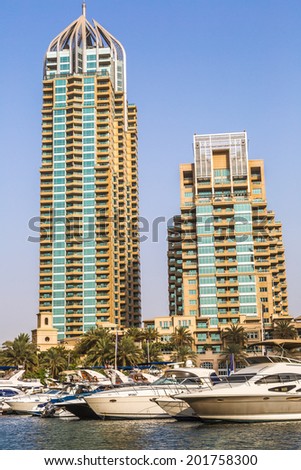 DUBAI, UAE - NOVEMBER 13: Modern buildings in Dubai Marina, Dubai, UAE. In the city of artificial channel length of 3 kilometers along the Persian Gulf, taken on 13 November 2013 in Dubai.