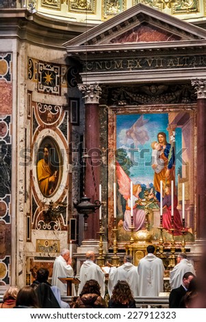 ROME - AUGUST 1: Indoor St. Peter\'s Basilica on August 1, 2012 in Rome, Italy. St. Peter\'s Basilica until recently was considered largest Christian church in world