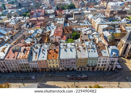 Lviv panoramic bird\'s-eye view of from of the city centre in Ukraine
