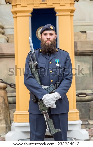 STOCKHOLM, SWEDEN - AUG 25,2014:Royal Guards,Main Guard at Palace is carried out by units of Swedish Armed Forces.It is King of Sweden guard of honour and is responsible for protection of Royal Family