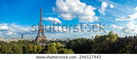 Panorama of the Eiffel Tower in Paris, France in a beautiful summer day
