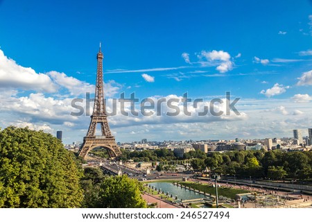 Aerial view of the Eiffel Tower in Paris, France in a beautiful summer day