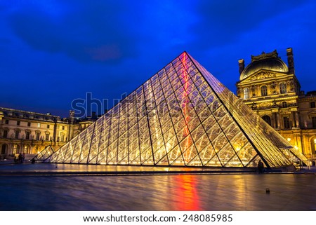 PARIS, FRANCE - JULY 14 2014: The Louvre at night is one of the world\'s largest museums  in Paris, July 14, 2014