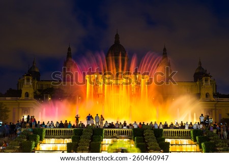 Magic Fountain light show at night next to National museum in Barcelona, Spain