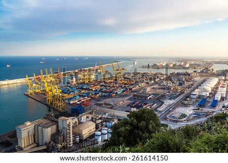 Panoramic view of the port in Barcelona. It is one of the busiest container port in Europe