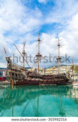 Galeone old wooden ship in a summer day in Genoa, Italy