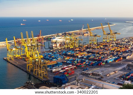 Panoramic view of the port in Barcelona. It is one of the busiest container port in Europe in Barcelona, Spain.