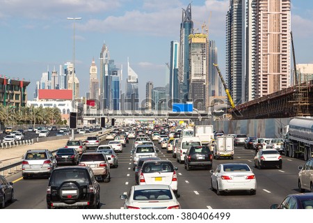 Traffic jam at Sheikh Zayed Road in Dubai in a summer day